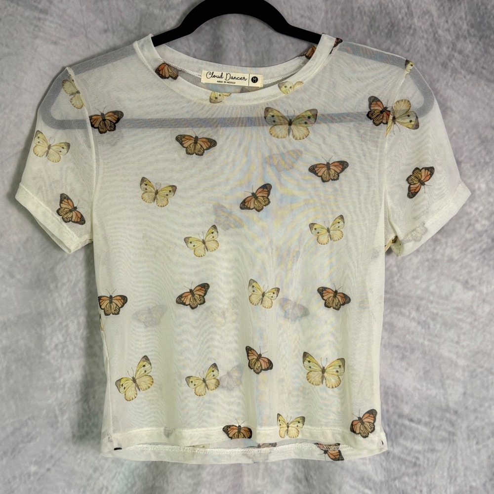 Y2k Butterfly Print Mesh Top Womens Sz M Short Sleeve fairy rave indie cyber‎